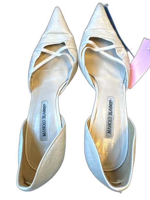Manolo Blahnik Shoe Size 40.5 Bone Canvas & Leather Heel Pointed Toe Pumps Bone / 40.5