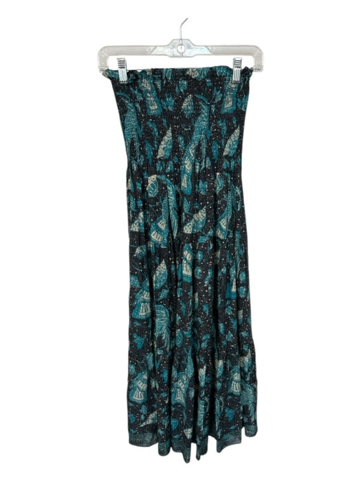Ulla Johnson Size M Black & Teal Cotton Strapless Botanical Smocked Top Dress Black & Teal / M