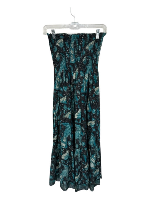 Ulla Johnson Size M Black & Teal Cotton Strapless Botanical Smocked Top Dress Black & Teal / M