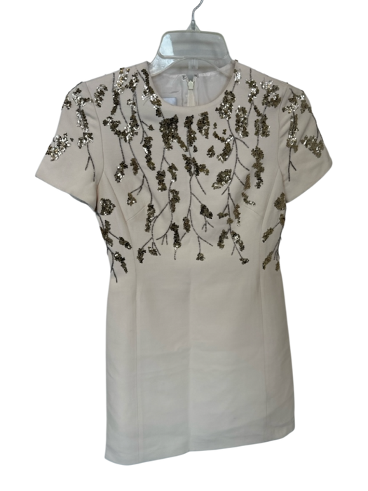 Valentino Size 38 Cream & Gold Silk & Wool Cap Sleeve Sequins Back Zip Dress Cream & Gold / 38