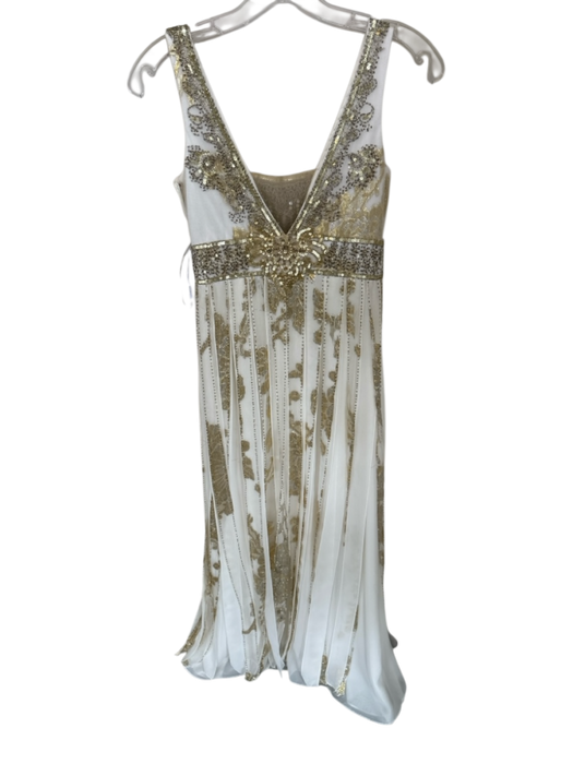 Sue Wong Size 2 White & Gold Polyester Metallic Thread Pleated Beaded Gown White & Gold / 2