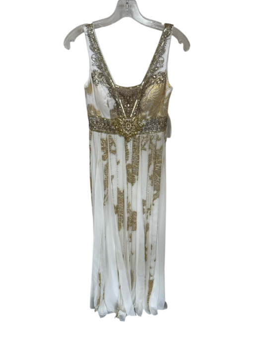 Sue Wong Size 2 White & Gold Polyester Metallic Thread Pleated Beaded Gown White & Gold / 2