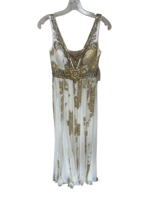 Sue Wong Size 2 White & Gold Polyester Metallic Thread Pleated Beaded Gown White & Gold / 2