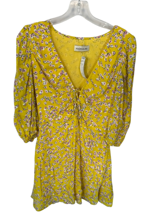 Nicholas Size 0 Yellow & Pink Viscose Long Balloon Sleeve Flowers Dress Yellow & Pink / 0