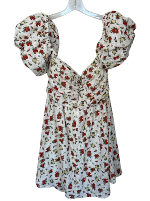 Majorelle Size L White & Red Cotton Short Balloon Sleeve Eyelet Flowers Dress White & Red / L
