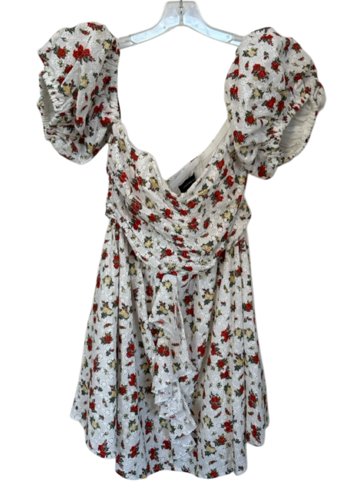 Majorelle Size L White & Red Cotton Short Balloon Sleeve Eyelet Flowers Dress White & Red / L