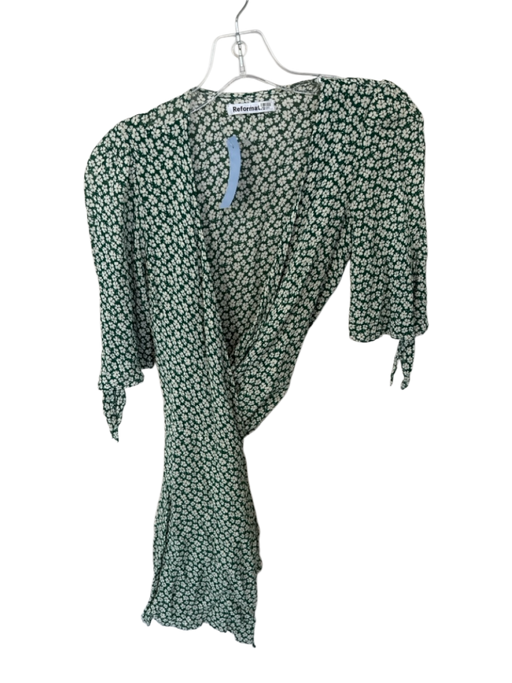 Reformation Size XS Green & White Viscose Short Sleeve Flowers Wrap Dress Green & White / XS