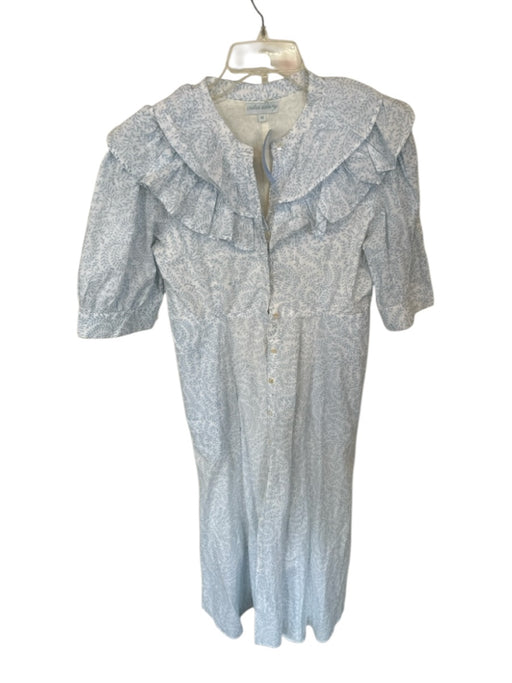 India Amory Size M Blue & White Cotton 3/4 Sleeve Leaves Ruffles Dress Blue & White / M