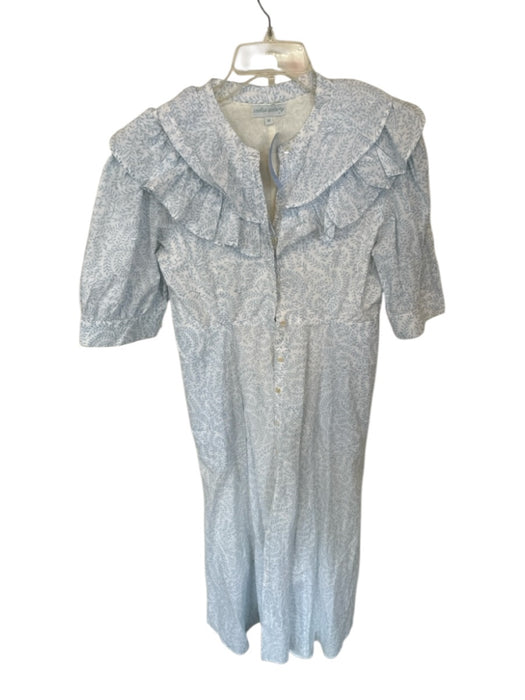 India Amory Size M Blue & White Cotton 3/4 Sleeve Leaves Ruffles Dress Blue & White / M