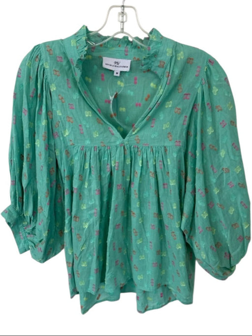 Never a Wallflower Size M Green & Orange Cotton Long Balloon Sleeve Textured Top Green & Orange / M
