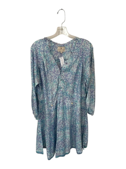 Hannah Artwear Size 2/M Blue & Purple Silk Long Balloon Sleeve Botanical Dress Blue & Purple / 2/M