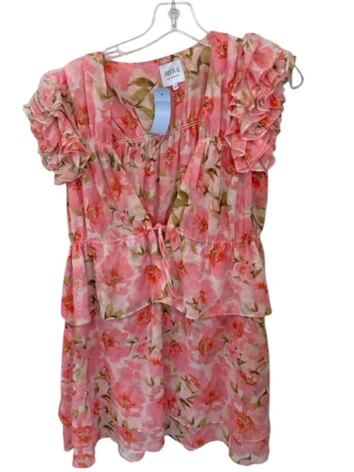 Misa Size XS Pink & Green Polyester Short Sleeve Botanical Front Tie Dress Pink & Green / XS