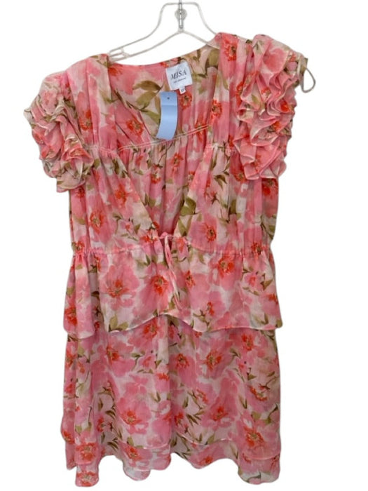 Misa Size XS Pink & Green Polyester Short Sleeve Botanical Front Tie Dress Pink & Green / XS