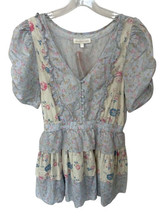 Loveshackfancy Size M Blue & Pink Cotton Short Sleeve Botanical Ruffles Dress Blue & Pink / M