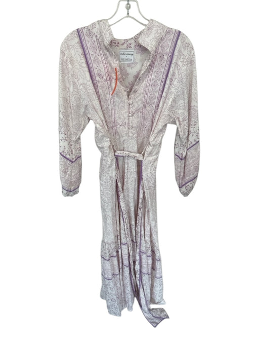 India Amory Size S White & Purple Cotton Long Balloon Sleeve Flowers Dress White & Purple / S