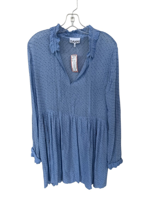 Ganni Size 38 Blue & Navy Viscose Blend Long Balloon Sleeve Flowers Dress Blue & Navy / 38