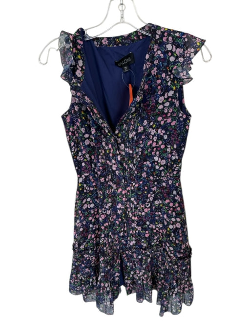 Saloni Size 2 Navy & Pink Polyester Blend Flutter Sleeves Flowers Pleated Dress Navy & Pink / 2