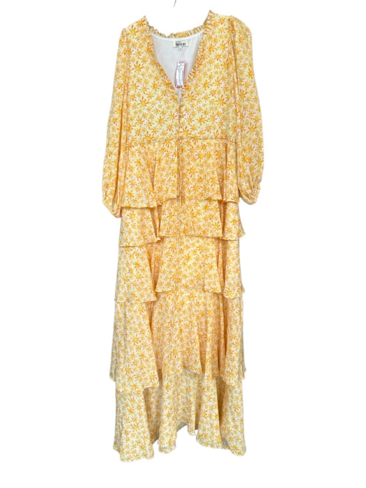 Mochi Size S Yellow & White Silk Long Balloon Sleeve Sun Drawstring Waist Dress Yellow & White / S