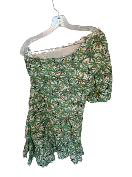Farm Rio Size S Green & Orange Cotton One Shoulder Eyelet birds Side Zip Dress Green & Orange / S