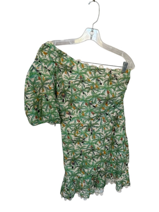 Farm Rio Size S Green & Orange Cotton One Shoulder Eyelet birds Side Zip Dress Green & Orange / S