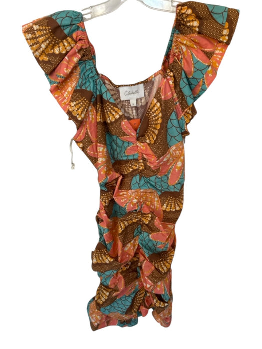 Cleobella Size M Orange & Brown Cotton Short Sleeve Flowers Gathered Front Dress Orange & Brown / M