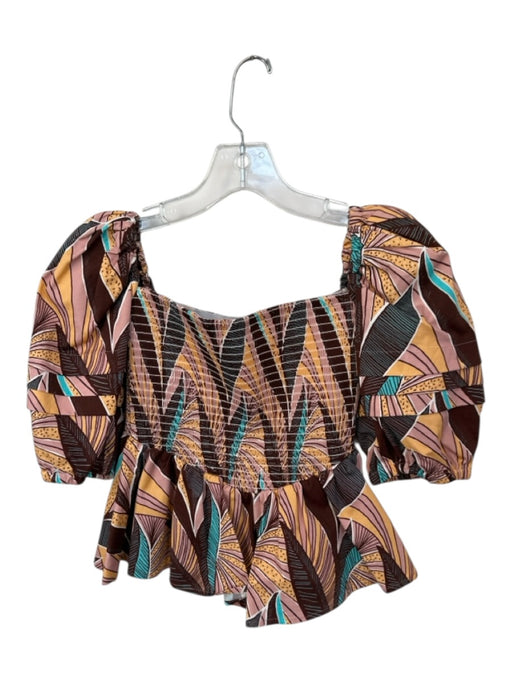 Autumn Adeigbo Size 0 Brown & Peach Cotton Short Balloon Sleeve Leaves Top Brown & Peach / 0