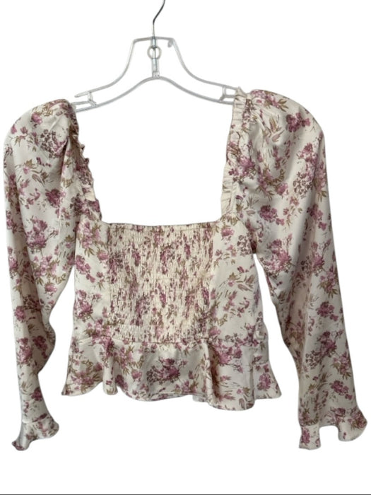 ASTR Size M Cream & Purple Polyester Long Balloon Sleeve Underwire Flowers Top Cream & Purple / M