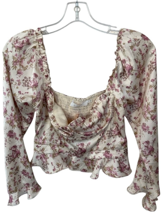 ASTR Size M Cream & Purple Polyester Long Balloon Sleeve Underwire Flowers Top Cream & Purple / M