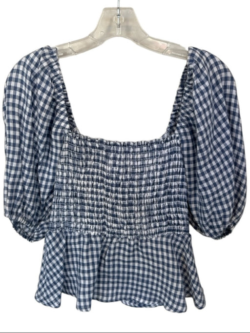 Emerson Fry Size XS Blue & White Linen Long Balloon Sleeve Gingham Front Tie Top Blue & White / XS