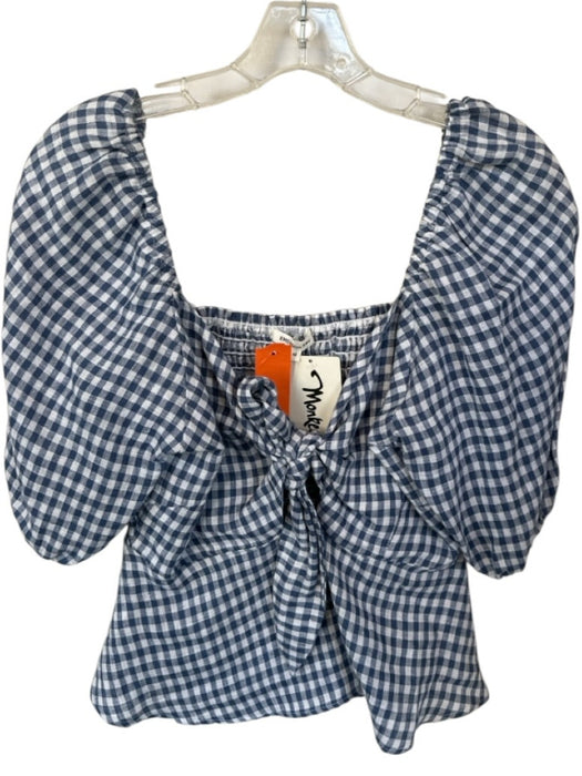 Emerson Fry Size XS Blue & White Linen Long Balloon Sleeve Gingham Front Tie Top Blue & White / XS