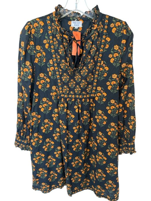 Pink City Print Size S Navy & Orange Cotton Long Sleeve Flowers Dress Navy & Orange / S
