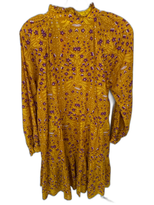 Roller Rabbit Size S Mustard & Purple Cotton Long Balloon Sleeve Botanical Dress Mustard & Purple / S