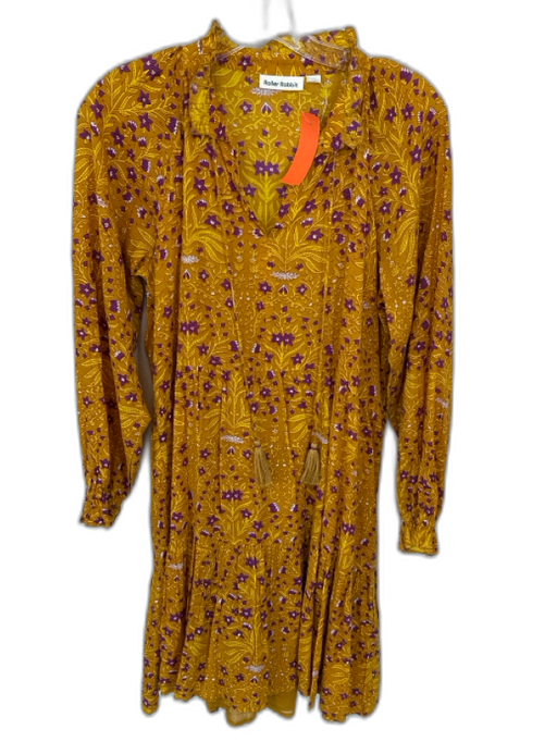 Roller Rabbit Size S Mustard & Purple Cotton Long Balloon Sleeve Botanical Dress Mustard & Purple / S