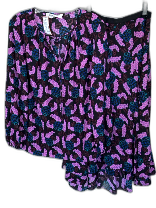 Diane Von Furstenberg Size 4 Pink & Teal Polyester Long Balloon Sleeve Skirt Set Pink & Teal / 4