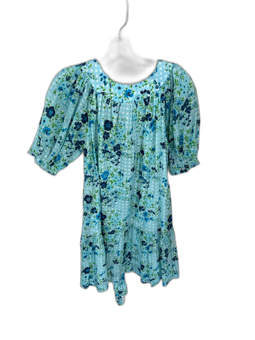 Olivia James Size S Blue & Green Cotton Short Balloon Sleeve Flowers Dress Blue & Green / S