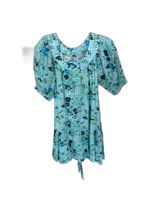 Olivia James Size S Blue & Green Cotton Short Balloon Sleeve Flowers Dress Blue & Green / S