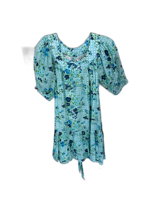 Olivia James Size S Blue & Green Cotton Short Balloon Sleeve Flowers Dress Blue & Green / S