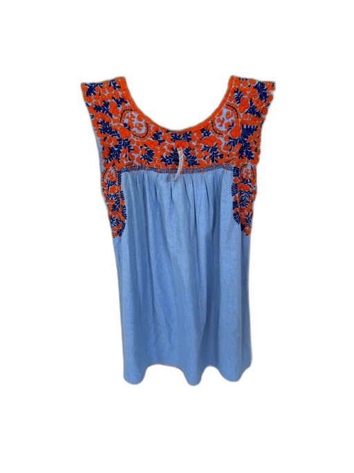 Mi Golondrina Size S Blue & Orange Cotton Embroidered Neckline Sleeveless Dress Blue & Orange / S