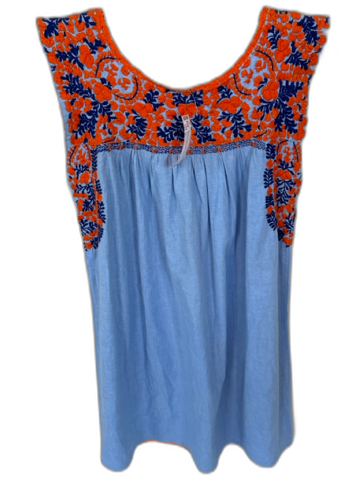 Mi Golondrina Size S Blue & Orange Cotton Embroidered Neckline Sleeveless Dress Blue & Orange / S