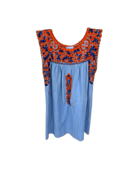 Mi Golondrina Size S Blue & Orange Cotton Embroidered Neckline Sleeveless Dress Blue & Orange / S