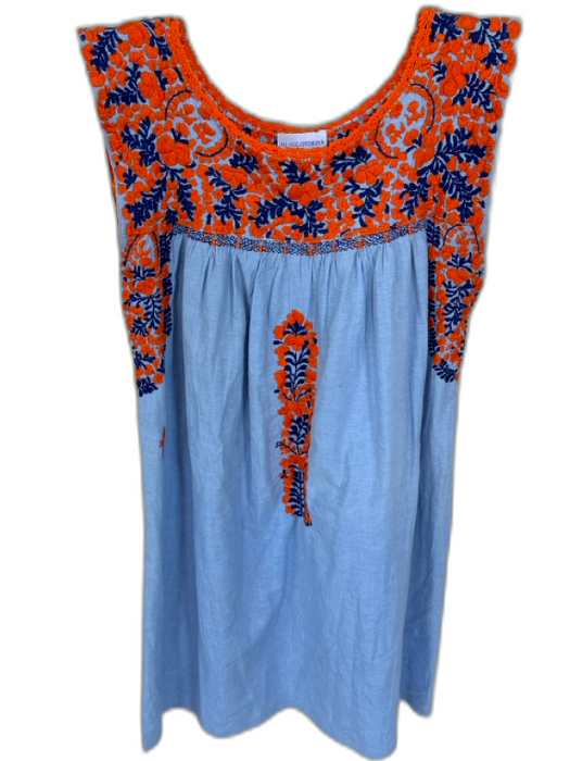 Mi Golondrina Size S Blue & Orange Cotton Embroidered Neckline Sleeveless Dress Blue & Orange / S