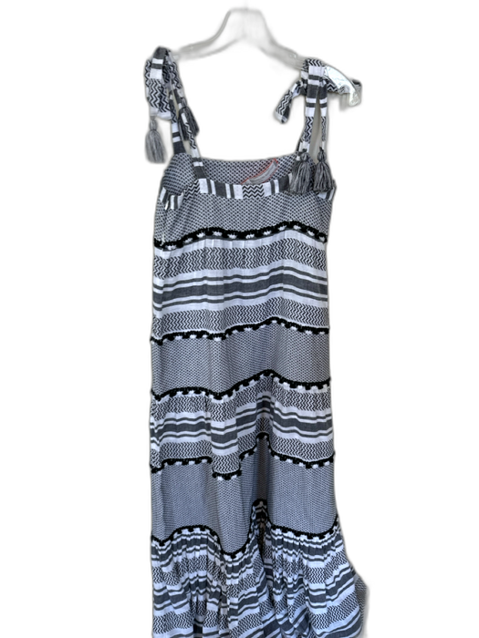 Veronica Beard Size S White & Black Cotton Tie Straps Lines Chevron Fringe Dress White & Black / S