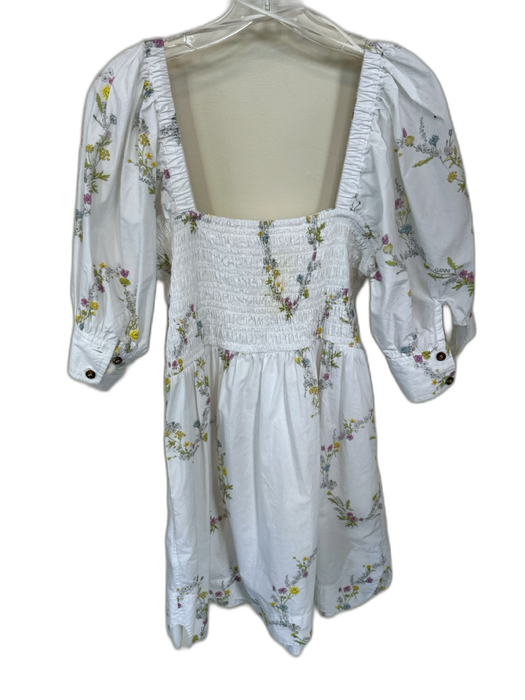 Ganni Size 42 White & Multi Cotton Long Balloon Sleeve Botanical Smocked Dress White & Multi / 42