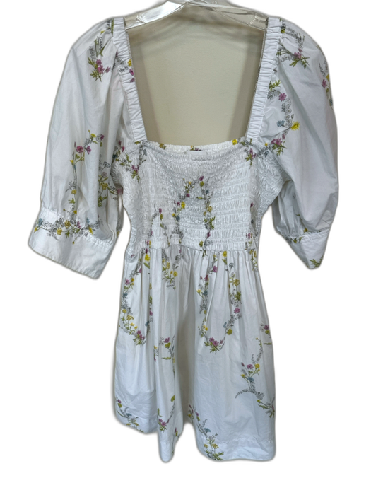 Ganni Size 42 White & Multi Cotton Long Balloon Sleeve Botanical Smocked Dress White & Multi / 42
