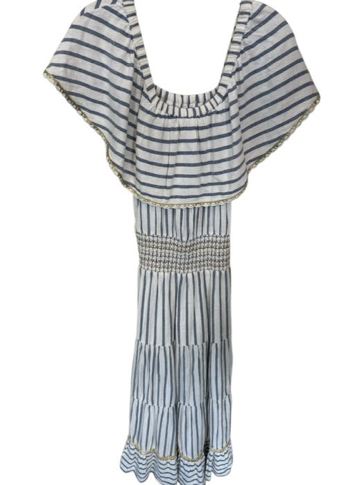 Calypso Size S Blue & White Cotton Off Shoulder Striped Metallic Thread Dress Blue & White / S