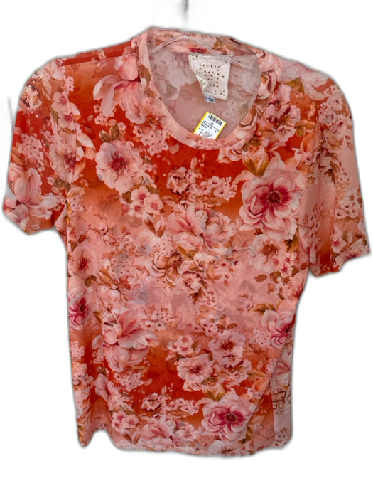 Johnny Was Size L Orange & White Nylon Blend Short Sleeve Botanical Top Orange & White / L
