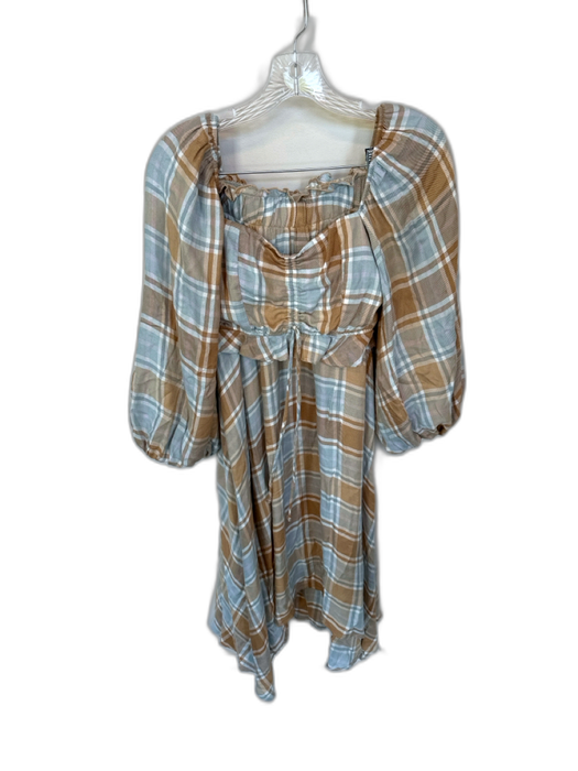Show Me Your Mumu Size XS Blue & Brown Rayon Long Balloon Sleeve Plaid Skirt Set Blue & Brown / XS
