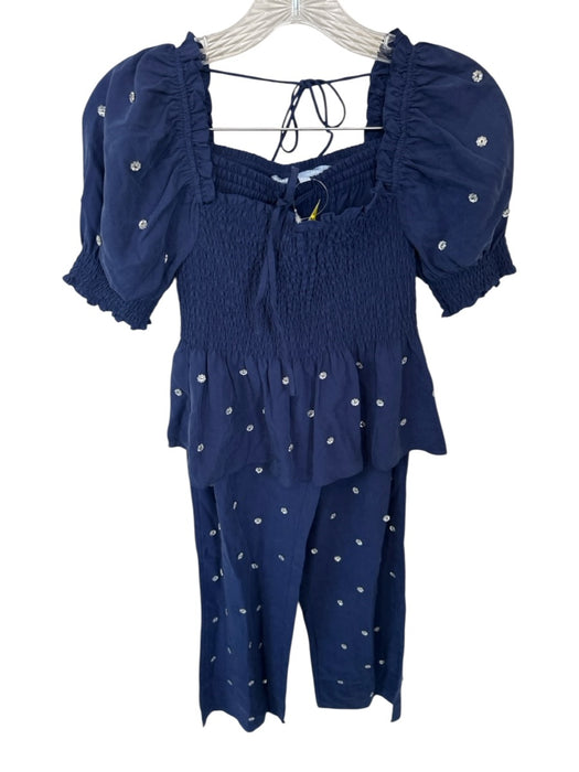 Hill House Size XS Navy & Silver Lycocell Short Balloon Sleeve smocked Pant Set Navy & Silver / XS