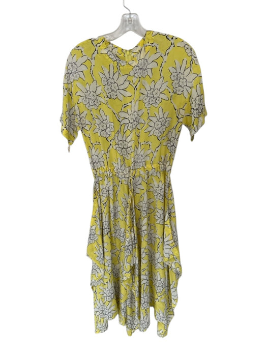 Valentino Size 6 Yellow & White Silk Short Sleeve Flowers Drawstring Waist Dress Yellow & White / 6