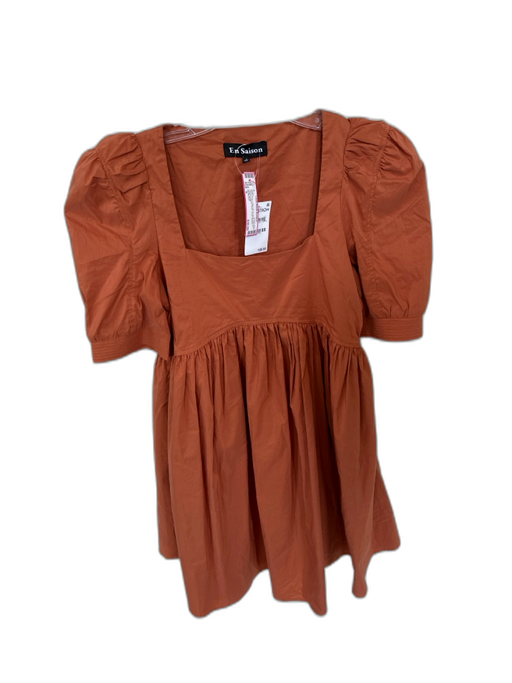 En Saison Size S Rust Cotton Blend Short Balloon Sleeve Square Neck Lined Dress Rust / S